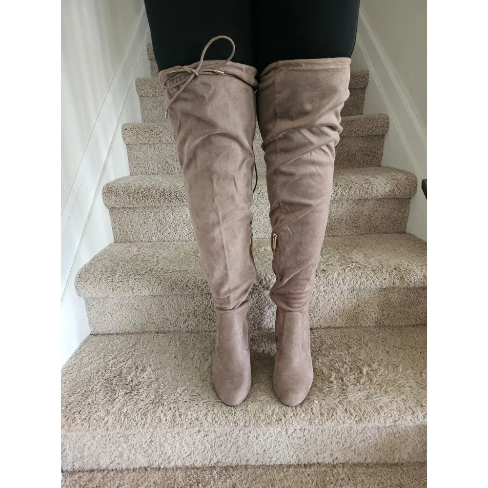 Taupe Over the Knee Boots Womens Sz 9 Thigh High Heeled Boots Nude Autumn Winter